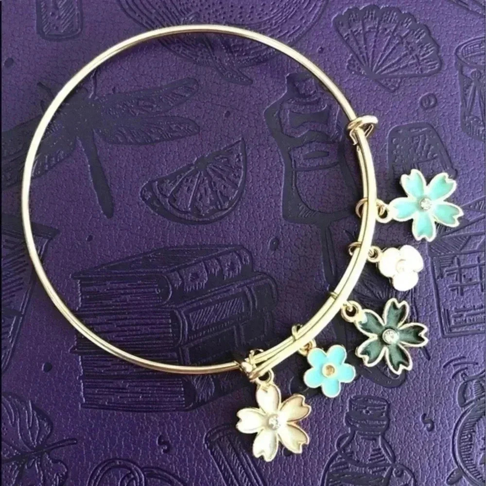 Blue & Pink Flowers Gold Tone Stainless Steel Adjustable Charm Bracelet